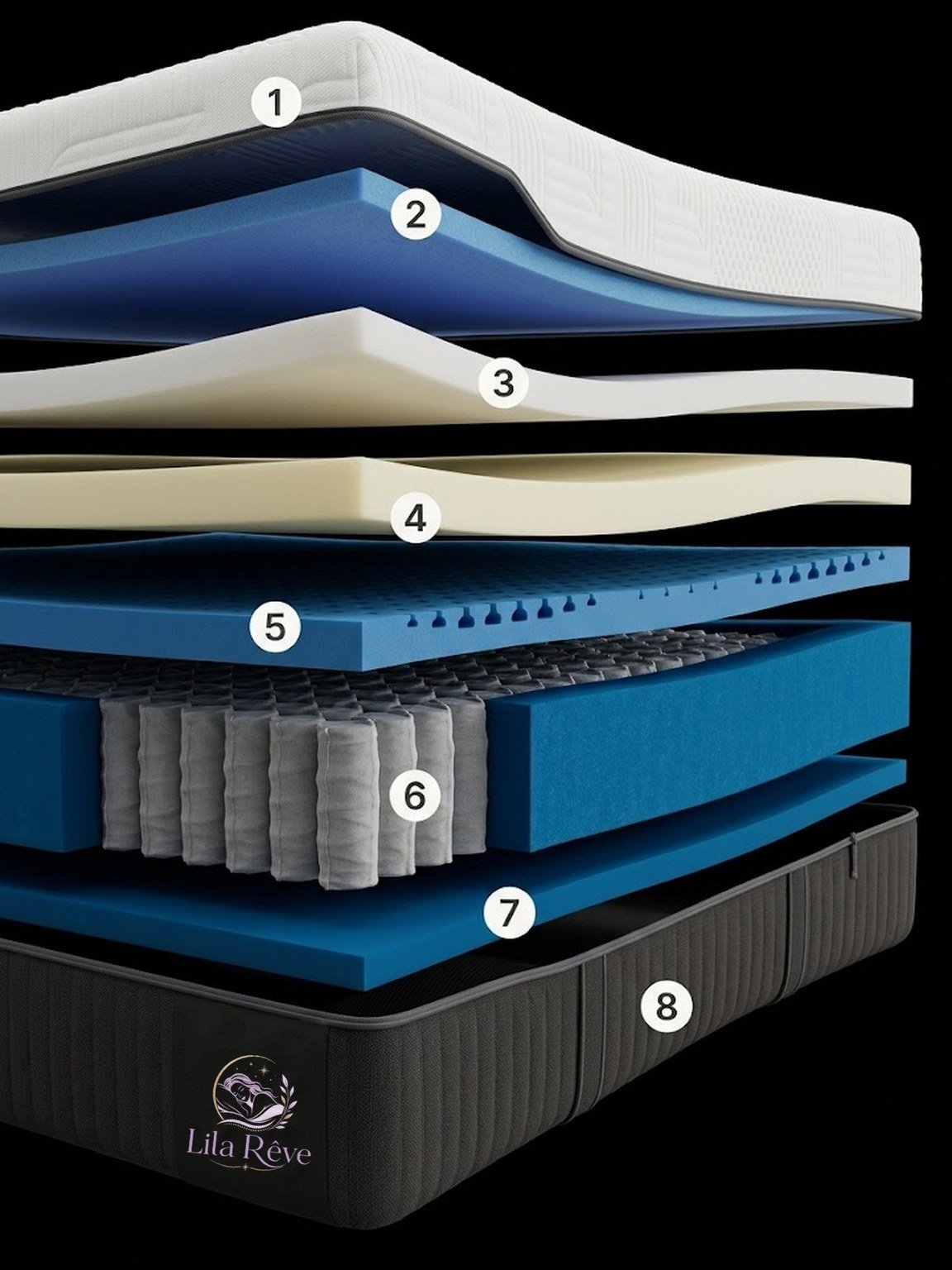 Vue éclatée d'un matelas Lila Rêve, couche par couche